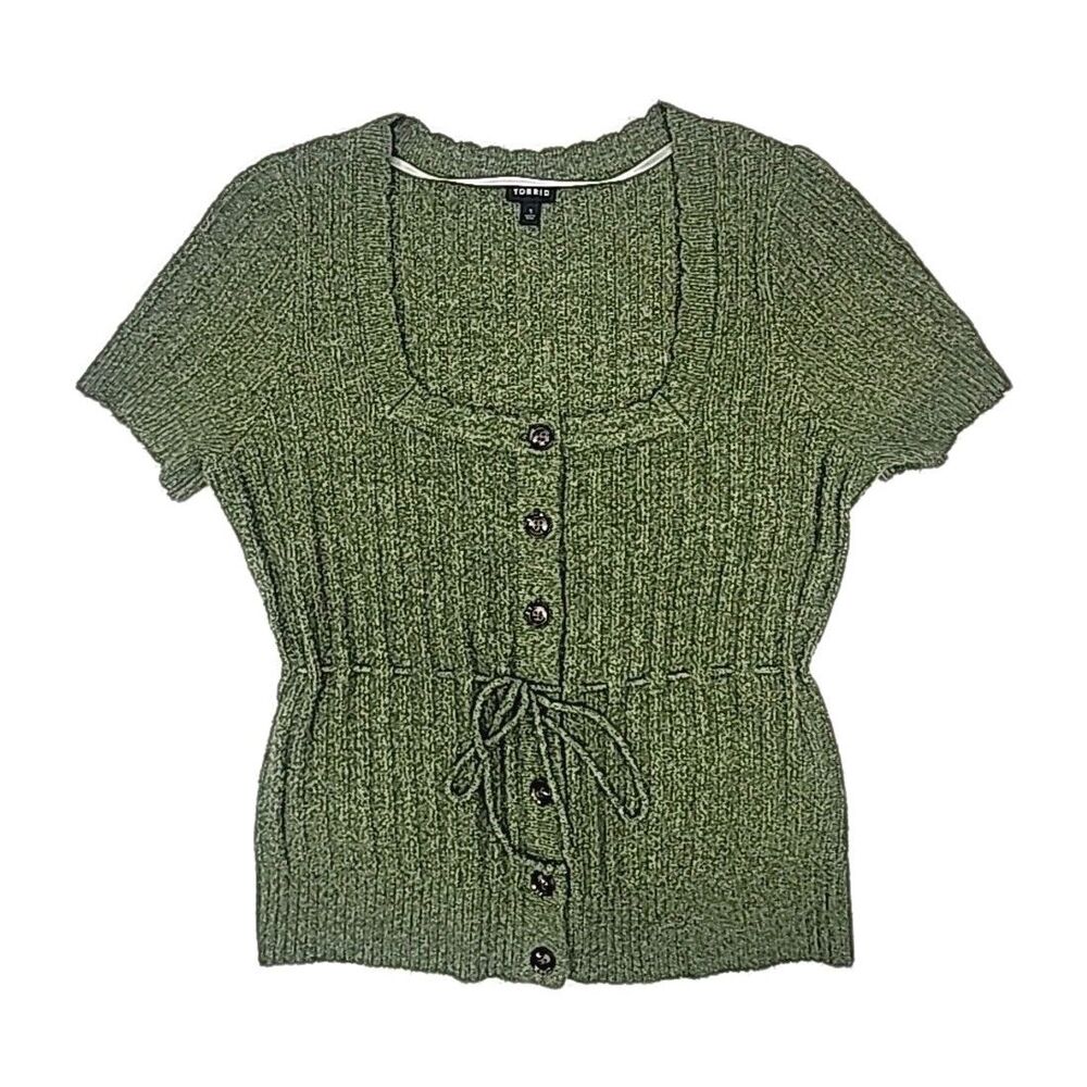 Torrid 1 Sweater Women Sz 1X Green Rib Knit Square Neck Shirt Short Sleeve Top